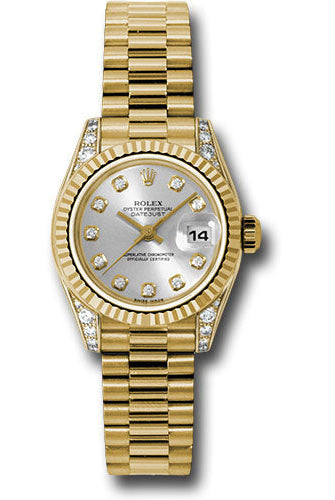 Rolex Yellow Gold Lady-Datejust 26 Watch - Fluted Bezel - Silver Diamond Dial - President Bracelet - 179238 sdp