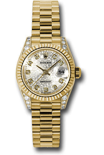 Rolex Yellow Gold Lady-Datejust 26 Watch - Fluted Bezel - Silver Jubilee Diamond Dial - President Bracelet - 179238 sjdp