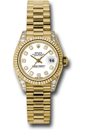 Rolex Yellow Gold Lady-Datejust 26 Watch - Fluted Bezel - White Diamond Dial - President Bracelet - 179238 wdp