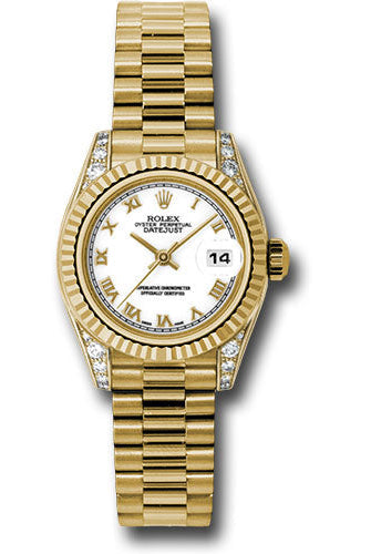 Rolex Yellow Gold Lady-Datejust 26 Watch - Fluted Bezel - White Roman Dial - President Bracelet - 179238 wrp