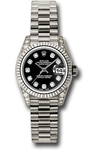 Rolex White Gold Lady-Datejust 26 Watch - Fluted Bezel - Black Diamond Dial - President Bracelet - 179239 bkdp