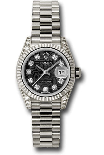 Rolex White Gold Lady-Datejust 26 Watch - Fluted Bezel - Black Jubilee Diamond Dial - President Bracelet - 179239 bkjdp