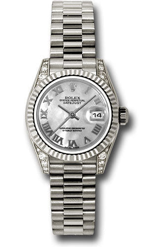 Rolex White Gold Lady-Datejust 26 Watch - Fluted Bezel - Mother-Of-Pearl Roman Dial - President Bracelet - 179239 mrp