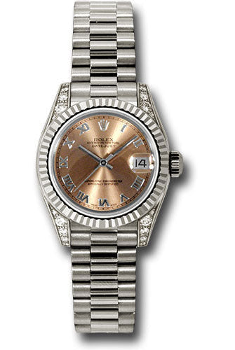 Rolex White Gold Lady-Datejust 26 Watch - Fluted Bezel - Pink Roman Dial - President Bracelet - 179239 prp