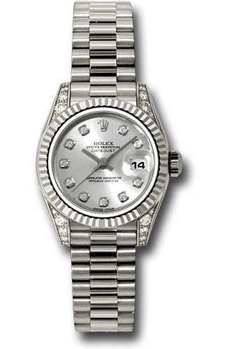 Rolex White Gold Lady-Datejust 26 Watch - Fluted Bezel - Silver Diamond Dial - President Bracelet - 179239 sdp