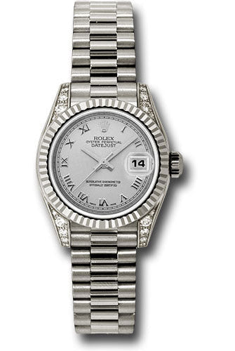 Rolex White Gold Lady-Datejust 26 Watch - Fluted Bezel - Silver Roman Dial - President Bracelet - 179239 srp