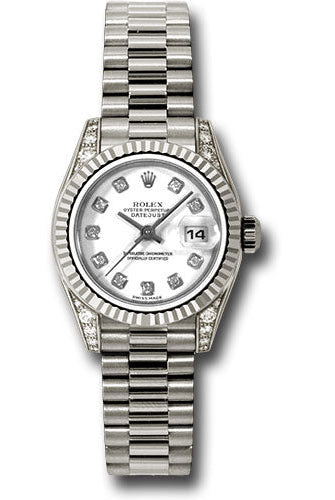 Rolex White Gold Lady-Datejust 26 Watch - Fluted Bezel - White Diamond Dial - President Bracelet - 179239 wdp