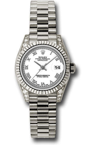 Rolex White Gold Lady-Datejust 26 Watch - Fluted Bezel - White Roman Dial - President Bracelet - 179239 wrp