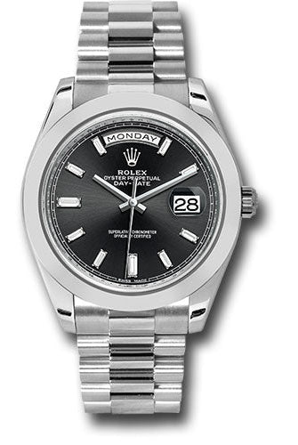 Rolex 950 Platinum Day-Date 40 Watch - Smooth Bezel - Black Baguette Diamond Dial - President Bracelet - 228206 bkbdp