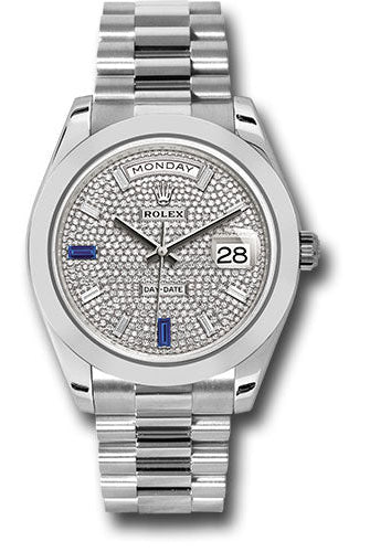 Rolex Platinum Day-Date 40 Watch - Smooth Bezel - Diamond And Sapphire Paved Diamond Dial - President Bracelet - 228206