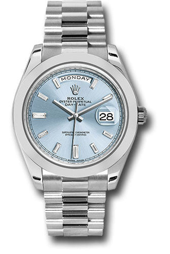 Rolex 950 Platinum Day-Date 40 Watch - Smooth Bezel - Ice Blue Baguette Diamond Dial - President Bracelet - 228206 ibbdp