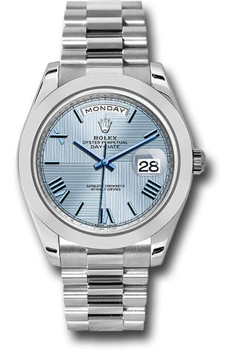Rolex 950 Platinum Day-Date 40 Watch - Smooth Bezel - Ice Blue Quadrant Motif Bevelled Roman Dial - President Bracelet -