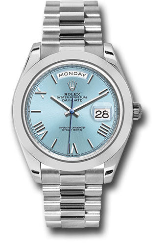 Rolex Platinum Day-Date 40 Watch - Smooth Bezel - Ice Blue Roman Dial - President Bracelet - 228206 ibrp