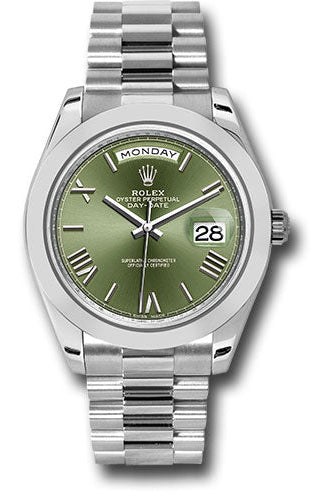 Rolex 950 Platinum Day-Date 40 Watch - Smooth Bezel - Olive Green Bevelled Roman Dial - President Bracelet - 228206 ogrp