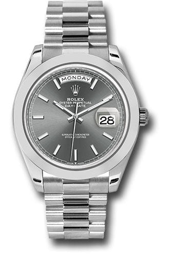 Rolex Platinum Day-Date 40 Watch - Smooth Bezel - Slate Index Dial - President Bracelet - 228206 slip