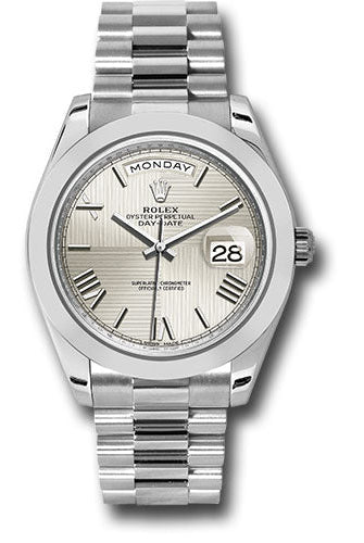 Rolex 950 Platinum Day-Date 40 Watch - Smooth Bezel - Silver Quadrant Motif Bevelled Roman Dial - President Bracelet -