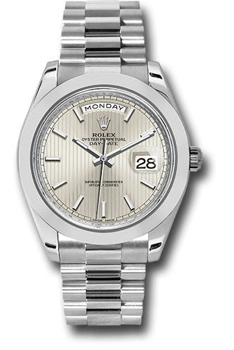 Rolex 950 Platinum Day-Date 40 Watch - Smooth Bezel - Silver Strip Motif Index Dial - President Bracelet - 228206 ssmip