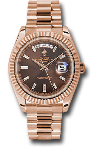 Rolex Everose Gold Day-Date 40 Watch - Fluted Bezel - Chocolate Baguette Diamond Dial - President Bracelet - 228235 chbdp