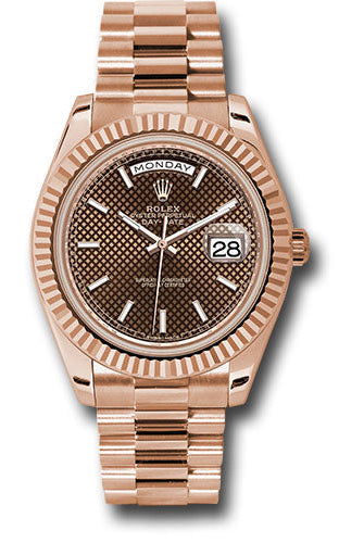 Rolex Everose Gold Day-Date 40 Watch - Fluted Bezel - Chocolate Diagonal Motif Index Dial - President Bracelet - 228235
