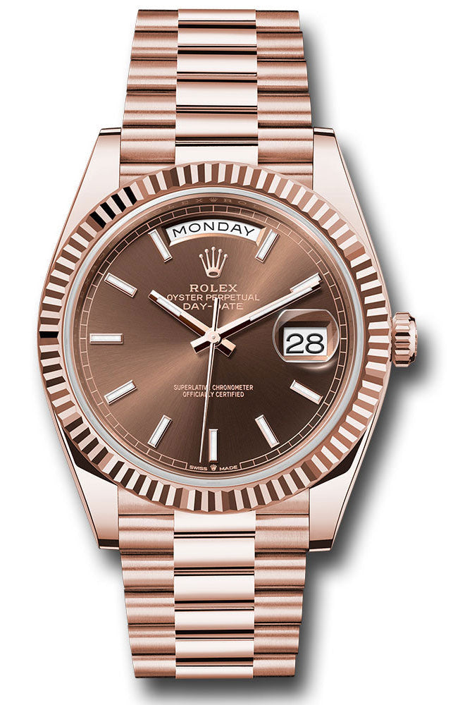 Rolex Everose Gold Day-Date 40 Watch - Fluted Bezel - Chocolate Index Dial - President Bracelet - 228235 choip