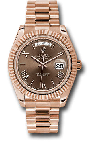 Rolex Everose Gold Day-Date 40 Watch - Fluted Bezel - Chocolate Bevelled Roman Dial - President Bracelet - 228235 chorp