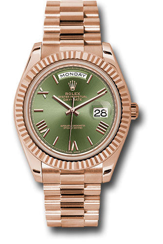 Rolex Everose Gold Day-Date 40 Watch - Fluted Bezel - Olive Green Bevelled Roman Dial - President Bracelet - 228235 ogrp