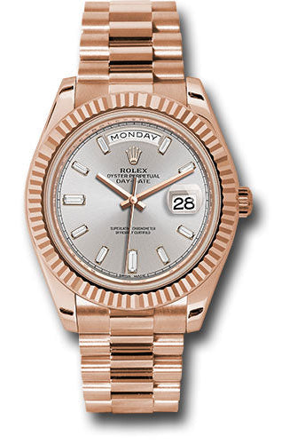 Rolex Everose Gold Day-Date 40 Watch - Fluted Bezel - Sundust Baguette-Cut Diamond Dial - President Bracelet - 228235 sdbdp