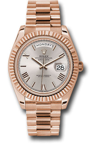 Rolex Everose Gold Day-Date 40 Watch - Fluted Bezel - Sundust Bevelled Roman Dial - President Bracelet - 228235 sdrp