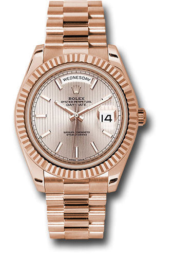 Rolex Everose Gold Day-Date 40 Watch - Fluted Bezel - Sundust Strip Motif Index Dial - President Bracelet - 228235 sdsmip
