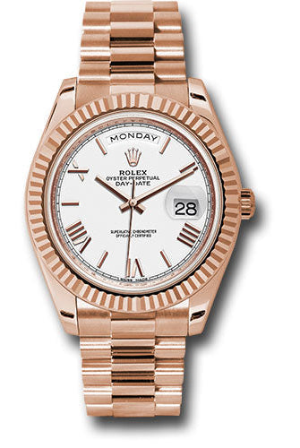 Rolex Everose Gold Day-Date 40 Watch - Fluted Bezel - White Bevelled Roman Dial - President Bracelet - 228235 wrp