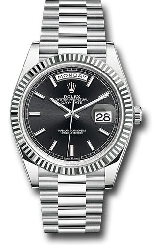 Rolex Platinum Day-Date 40 Watch - Fluted Bezel - Bright Black Index Dial - President Bracelet - 228236 bkip