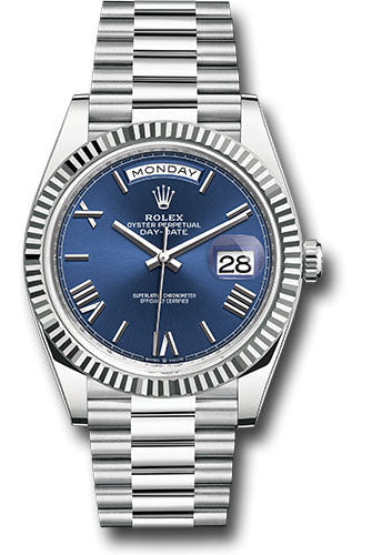 Rolex Platinum Day-Date 40 Watch - Fluted Bezel - Bright Blue Roman Dial - President Bracelet - 228236 blrp