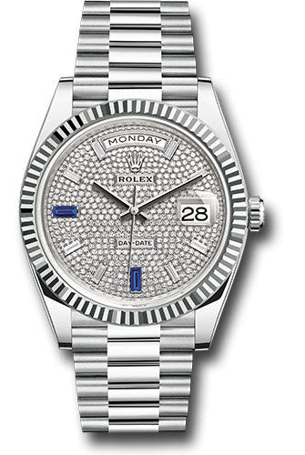 Rolex Platinum Day-Date 40 Watch - Fluted Bezel - Diamond And Sapphire Paved Diamond Dial - President Bracelet - 228236