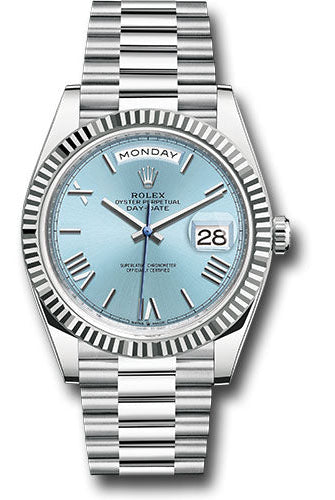 Rolex Platinum Day-Date 40 Watch - Fluted Bezel - Ice Blue Roman Dial - President Bracelet - 228236 ibrp