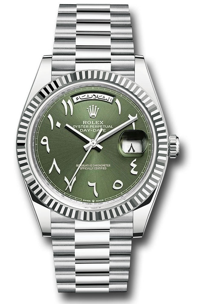 Rolex Platinum Day-Date 40 Watch - Fluted Bezel - Olive Green Special Arabic Dial - President Bracelet - 228236 ogap