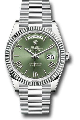 Rolex Platinum Day-Date 40 Watch - Fluted Bezel - Olive Green Roman 6 Dial - President Bracelet - 228236 ogrp