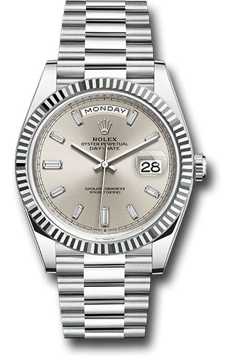 Rolex Platinum Day-Date 40 Watch - Fluted Bezel - Silver Dial - President Bracelet - 228236 sbdp