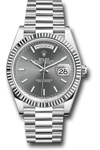 Rolex Platinum Day-Date 40 Watch - Fluted Bezel - Slate Index Dial - President Bracelet - 228236 slip