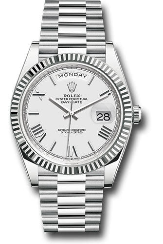 Rolex Platinum Day-Date 40 Watch - Fluted Bezel - White Roman Dial - President Bracelet - 228236 wrp