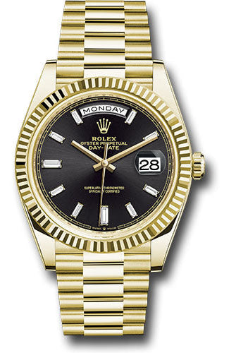 Rolex Yellow Gold Day-Date 40 Watch - Fluted Bezel - Black Baguette Diamond Dial - President Bracelet - 228238 bkbdp