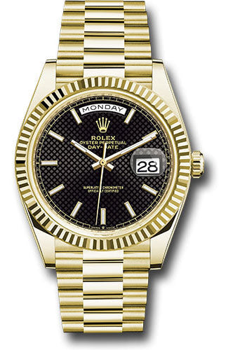 Rolex Yellow Gold Day-Date 40 Watch - Fluted Bezel - Black Diagonal Motif Index Dial - President Bracelet - 228238 bkdmip