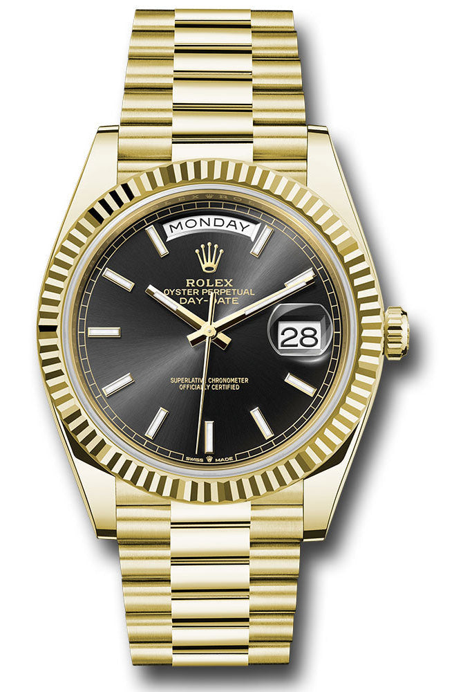 Rolex Yellow Gold Day-Date 40 Watch - Fluted Bezel - Black Index Dial - President Bracelet - 228238 bkip
