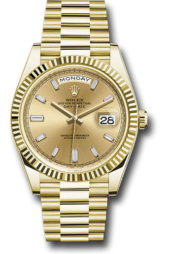 Rolex Yellow Gold Day-Date 40 Watch - Fluted Bezel - Champagne Baguette Diamond Dial - President Bracelet - 228238 chbdp