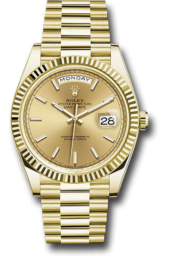 Rolex Yellow Gold Day-Date 40 Watch - Fluted Bezel - Champagne Index Dial - President Bracelet - 228238 chip