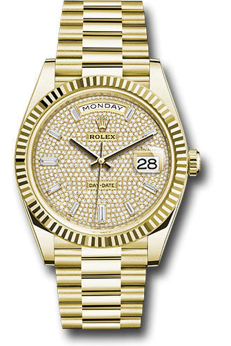 Rolex Yellow Gold Day-Date 40 Watch - Fluted Bezel - Diamond-Paved Dial - President Bracelet - 228238 dpbdp