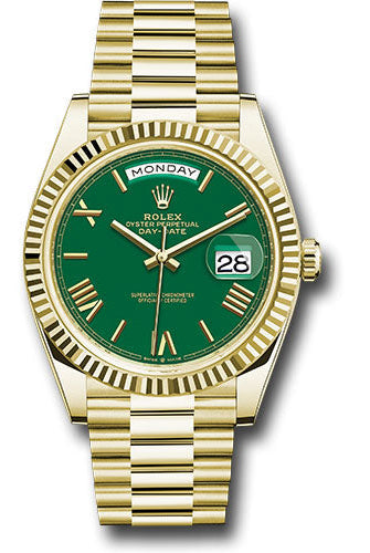 Rolex Yellow Gold Day-Date 40 Watch - Fluted Bezel - Green Roman Dial - President Bracelet - 228238 grrp