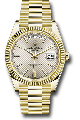 Rolex Yellow Gold Day-Date 40 Watch - Fluted Bezel - Silver Diagonal Motif Index Dial - President Bracelet - 228238 sdmip