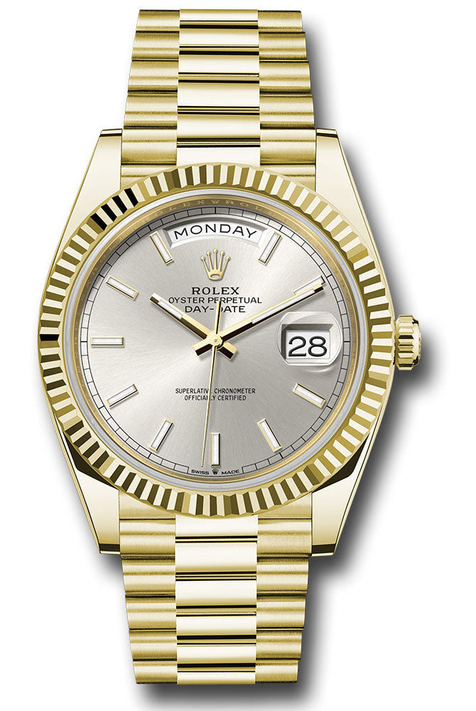 Rolex Yellow Gold Day-Date 40 Watch - Fluted Bezel - Silver Index Dial - President Bracelet - 228238 sip