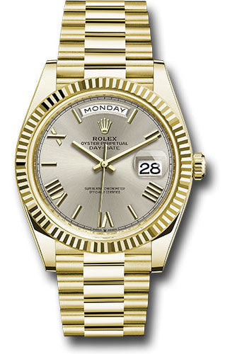 Rolex Yellow Gold Day-Date 40 Watch - Fluted Bezel - Silver Bevelled Roman Dial - President Bracelet - 228238 srp