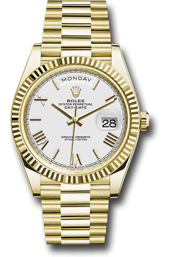 Rolex Yellow Gold Day-Date 40 Watch - Fluted Bezel - White Bevelled Roman Dial - President Bracelet - 228238 wrp